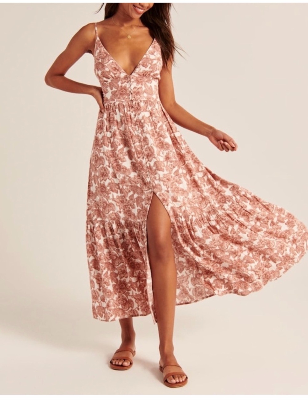 Abercrombie & Fitch Dusty rust Floral V-Neck Spaghetti Strap Maxi Dress
